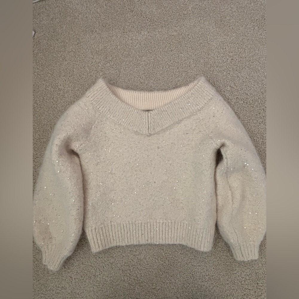 Banana Republic Sequin V-Neck Sweater Pullover Cream Wool Alpaca Small